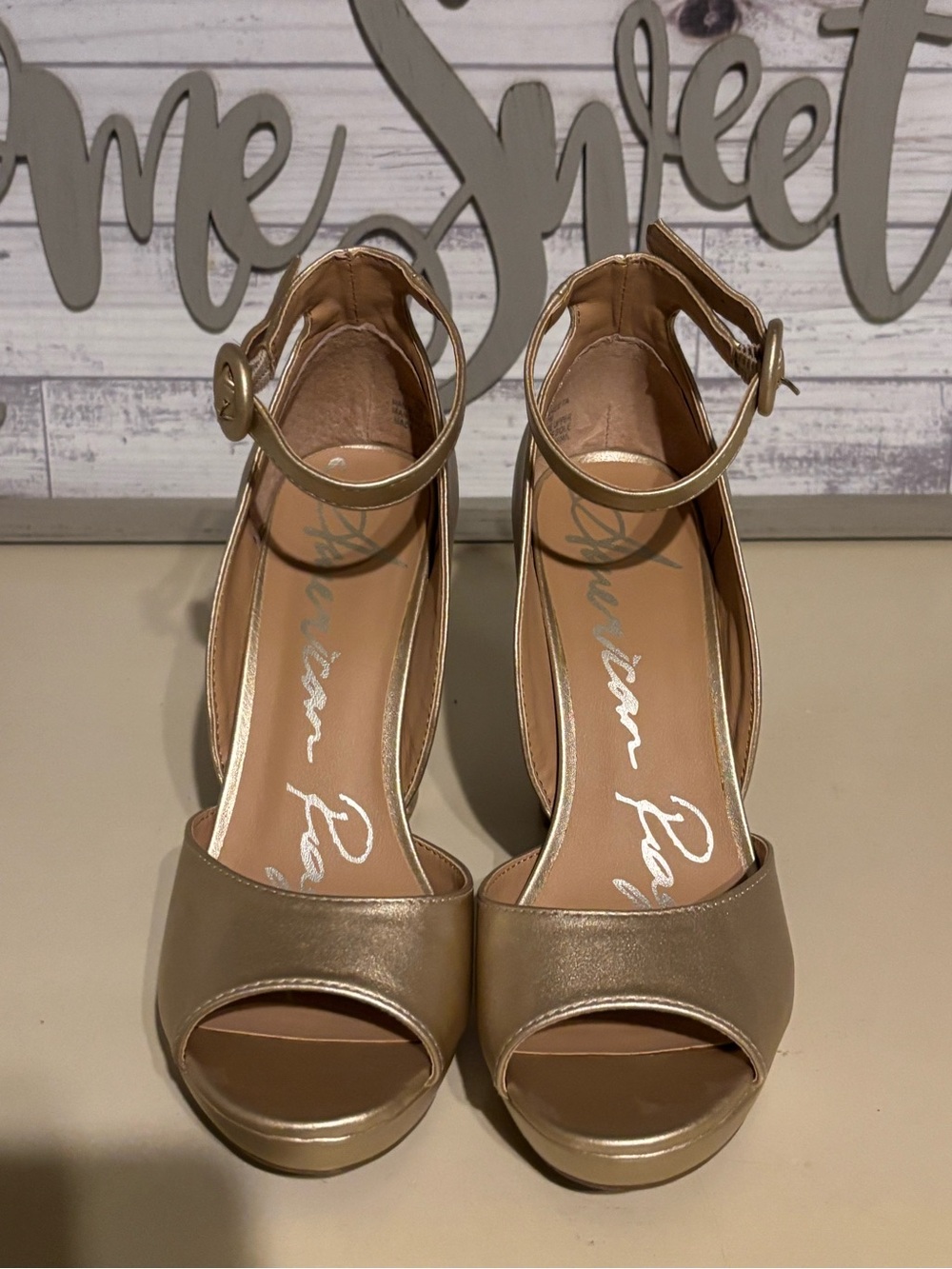 American Rag Metallic Gold Peep-Toe Platform Ankle-Strap Heels